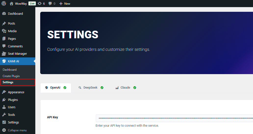 KAMI-Plugin Forge AI Developer Wordpress Plugin Configuration