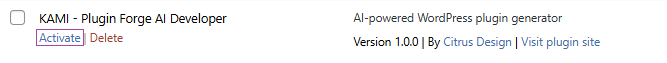 KAMI-Plugin Forge AI Developer Wordpress Plugin Installation